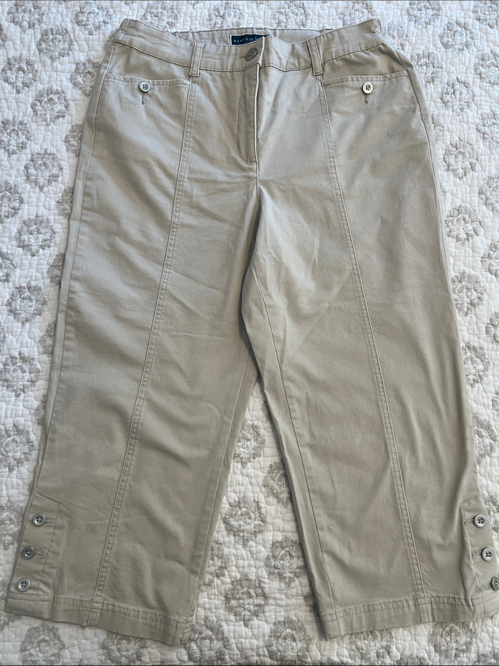 Karen Scott Beige Cropped Chino Pants with Button Hem